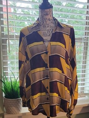 Zara Geometric Print Button-Down Blouse in Mustard, Navy & Taupe
